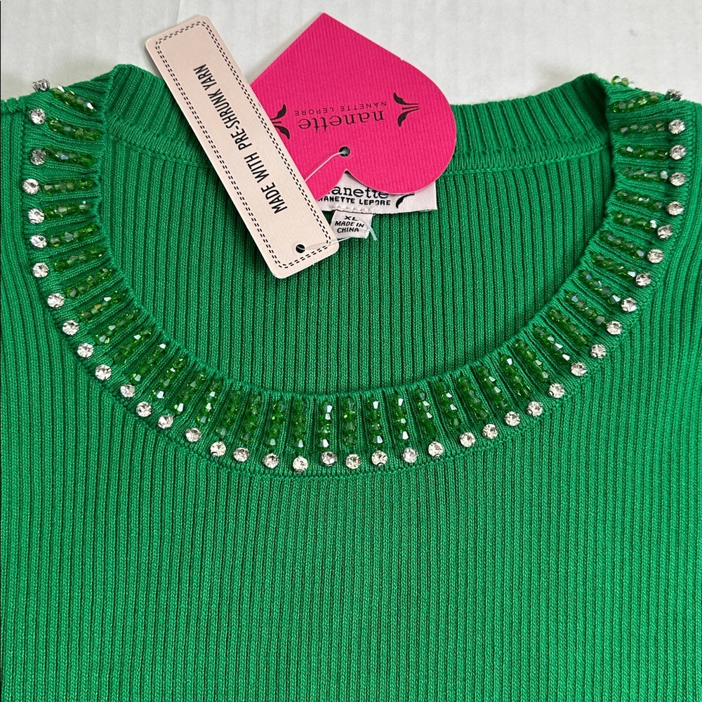 NEW Nanette Lepore Green Ribbed Sweater Rhinestone‎ Collar Top Womens XL - Picture 6 of 12